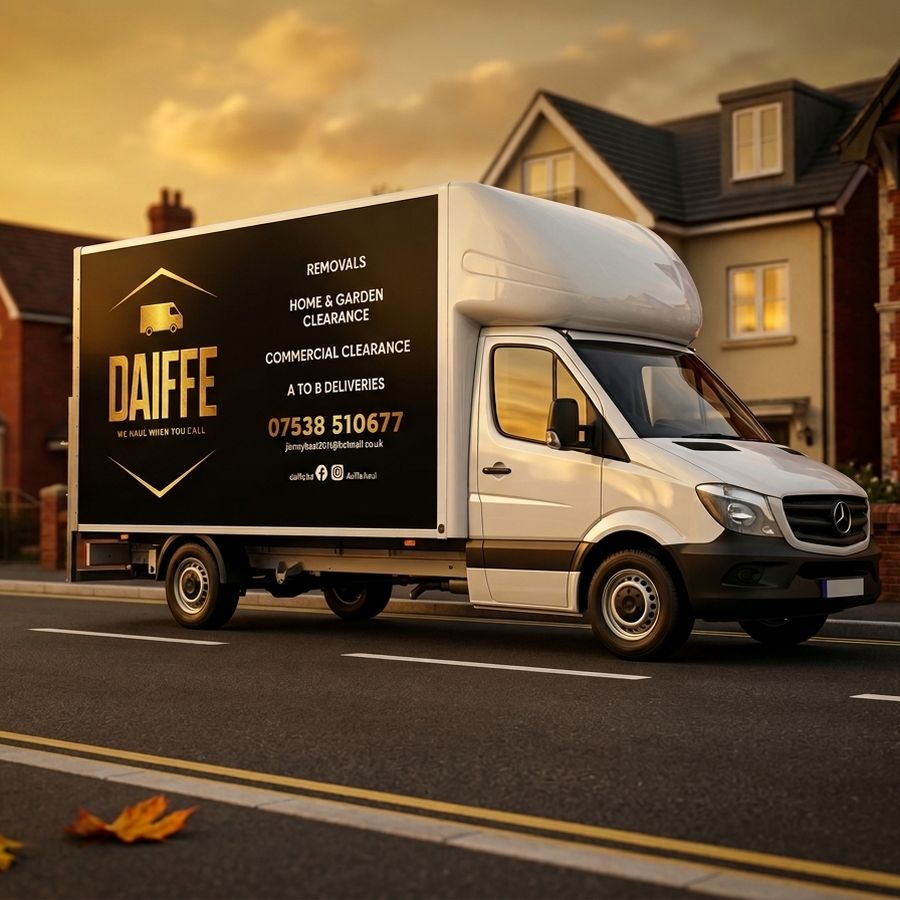 The Daiffe Ltd black and gold Luton van, sign-written with removals, home and garden clearance, commercial clearance and A to B deliveries, on a residential street at golden hour